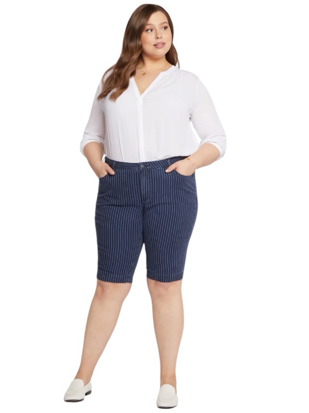 NYDJ - NWT Tailored Bermuda Shorts Blue Pinstripe Lyocell Lift Tuck Stretch Sz 6